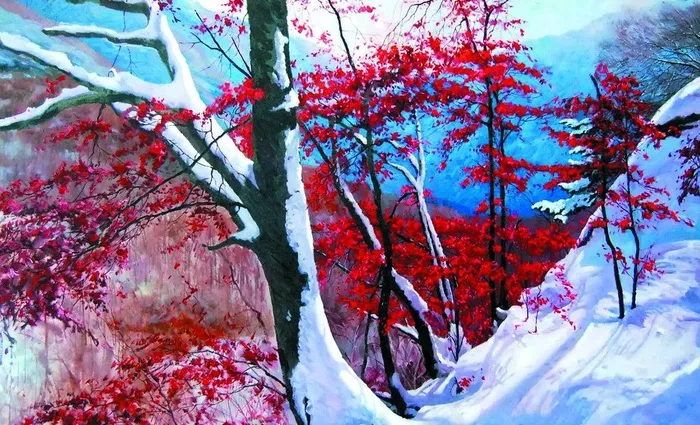 雪地红霞 油画图片