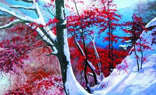 雪地红霞 油画图片