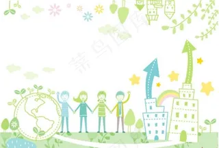 草地上的房屋和手拉手的孩子