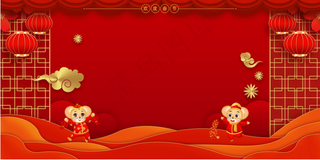 2020,古窗,鼠年,艺术字,春节,元旦,灯笼,装饰花,祥云,红绸元素