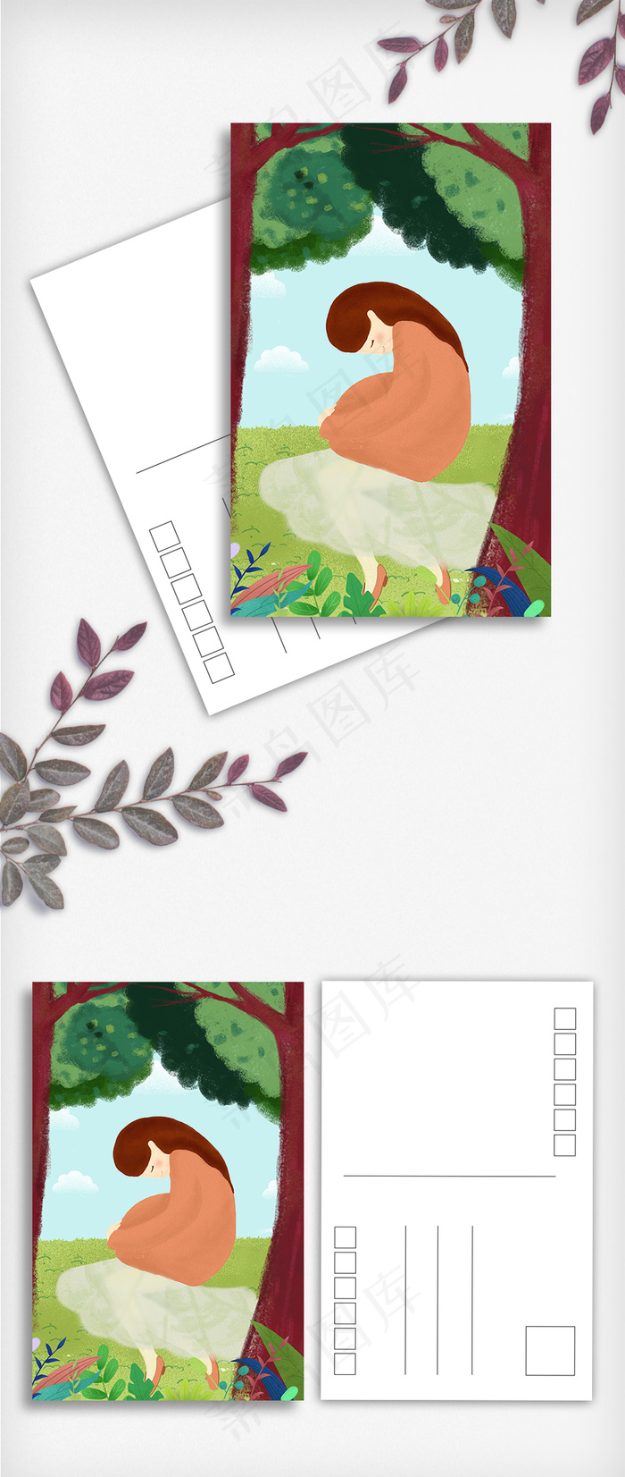 犹豫女孩插画背景明信片设计