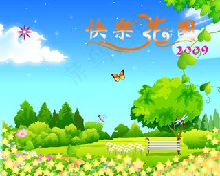 卡通春天风景PSD分层模板