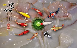 玉雕锦鲤鱼电视背景墙