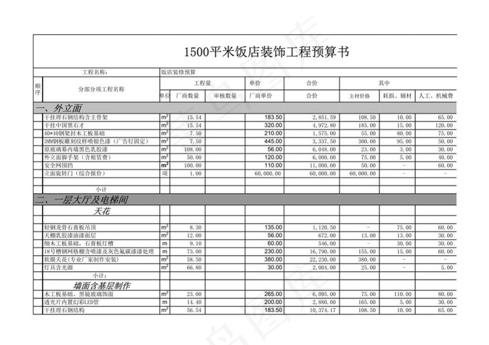 饭店装修工程报价表