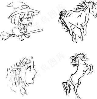 卡通 线稿 人物 动物 女孩 插画...