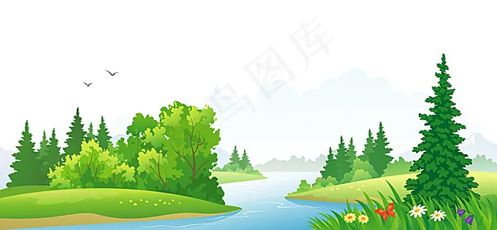 卡通小河风景插画eps,ai矢量模版下载