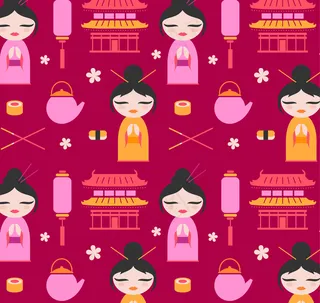 卡通日本娃娃无缝背景矢量图