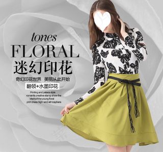 春装新款欧洲站翻领水墨印花长袖连衣...