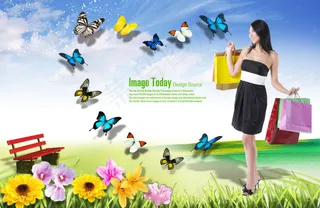 蝴蝶纷飞的春天美女人物PSD分层素材