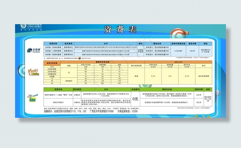 移动资费表图片cdr矢量模版下载
