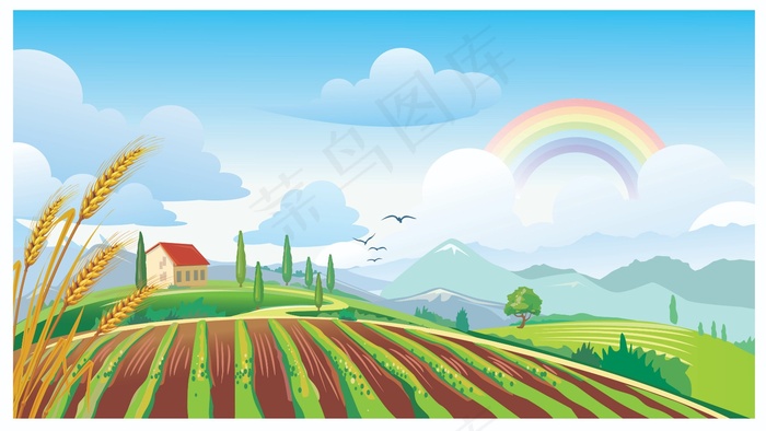 彩虹绿地小麦房子植物田园矢量图