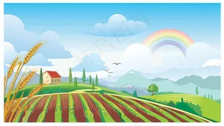 彩虹绿地小麦房子植物田园矢量图