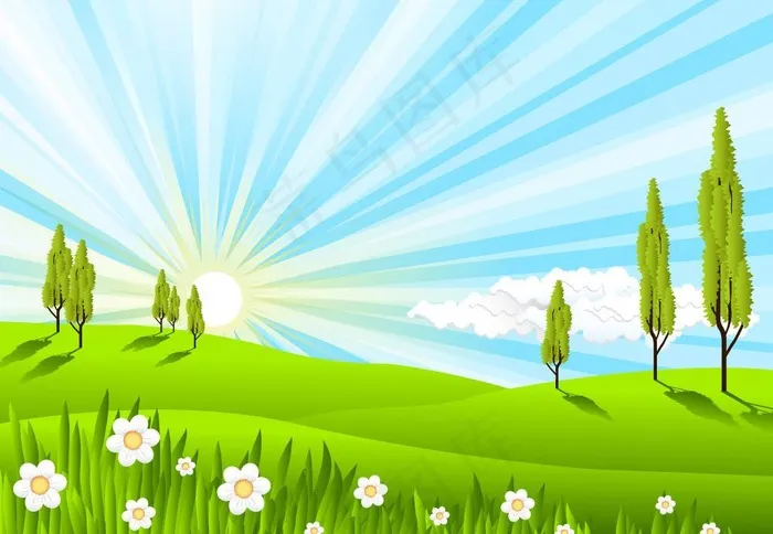 绿野绿树鲜花 春天背景图片eps,ai矢量模版下载