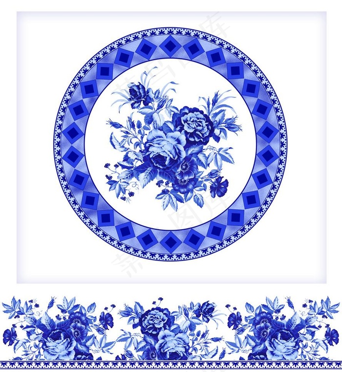 蓝彩青花古典图案