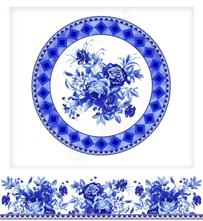 蓝彩青花古典图案psd模版下载