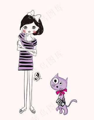手绘小女孩猫咪照相机矢量人物