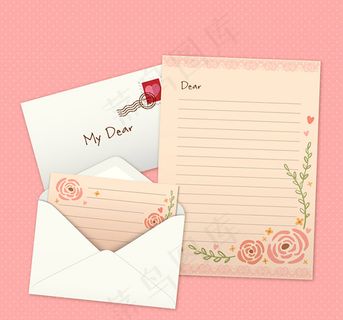 玫瑰情人节信封和信纸矢量素材