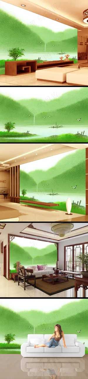 中式山水画电视墙背景画设计