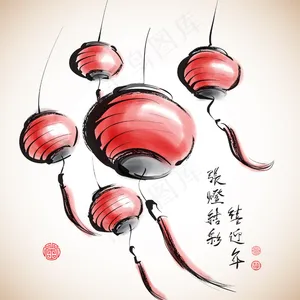 翻译中国灯笼矢量水墨画：点亮灯笼庆...