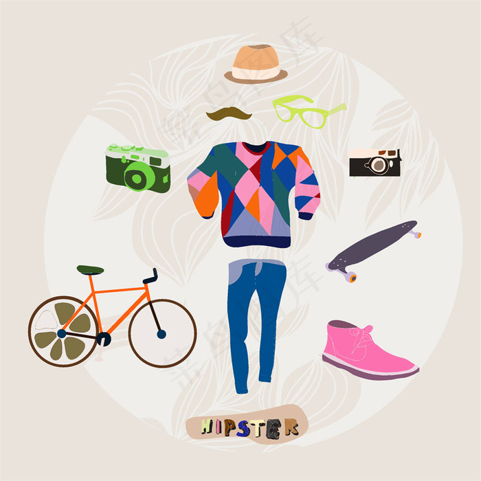 自行车照相机与男性服饰图片eps,ai矢量模版下载