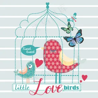 女童服装绣印花图案 鸟笼和小鸟AI...