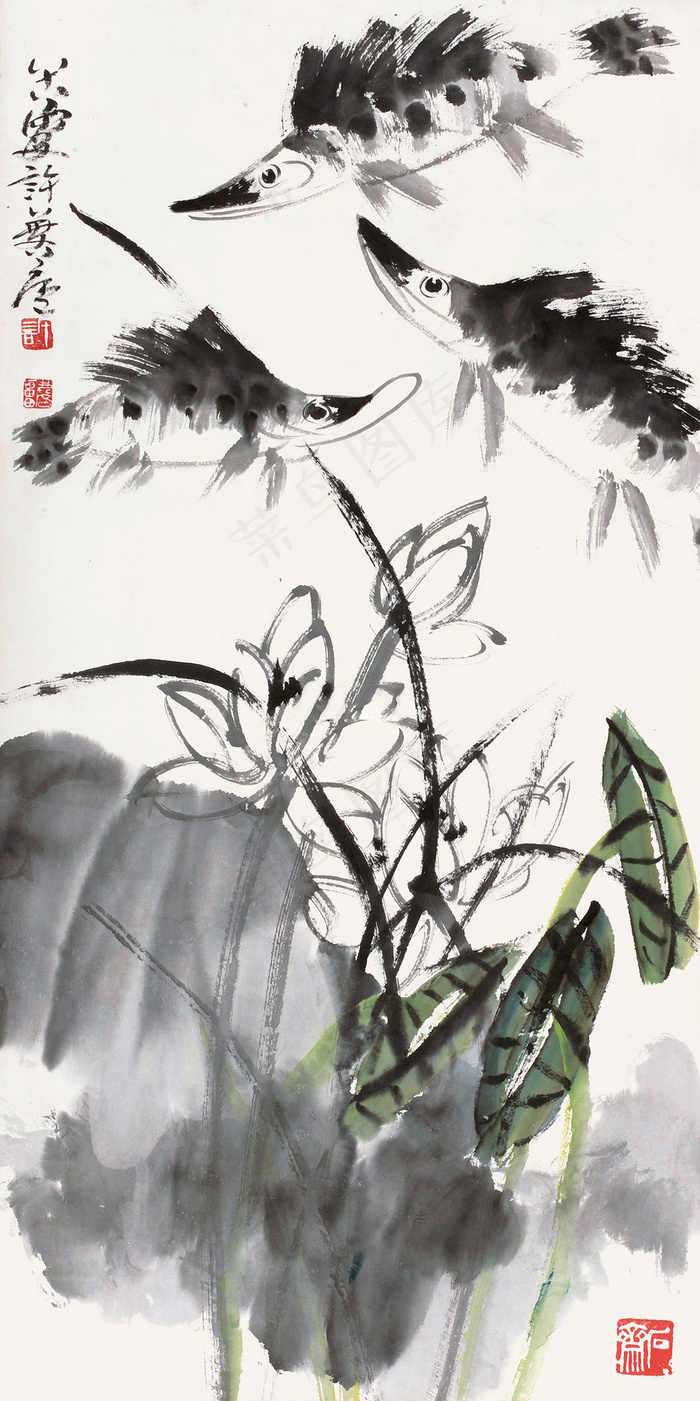 水墨三鱼图图片