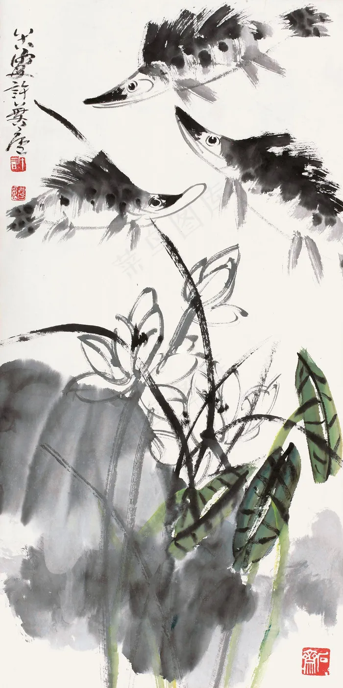 水墨三鱼图图片