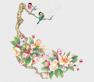 唯美免扣手绘花朵小鸟树叶背景墙素材...