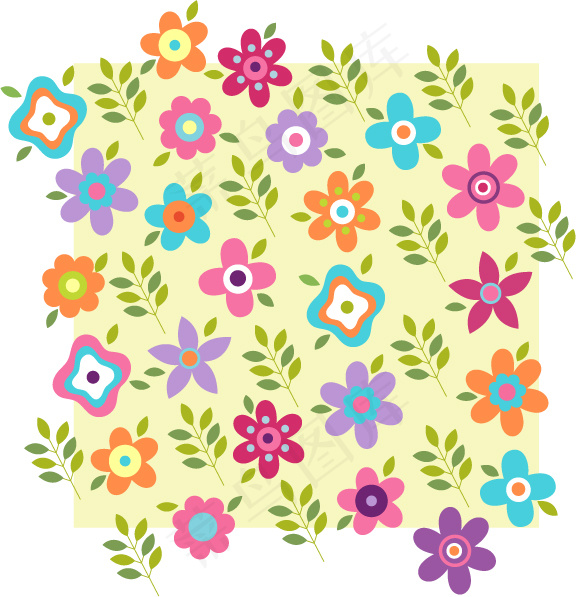 矢量彩色花朵树叶平铺背景