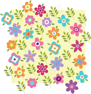 矢量彩色花朵树叶平铺背景