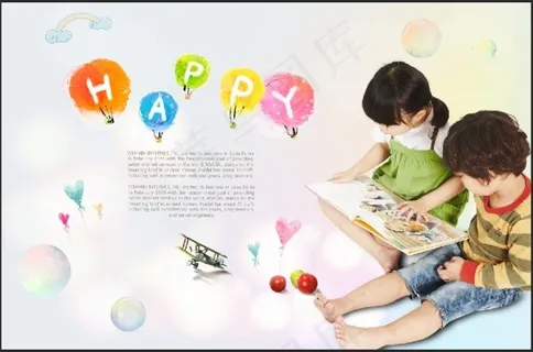 合看一本画册的小朋友PSD分层素材