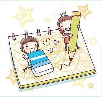 铅笔橡皮擦与卡通儿童