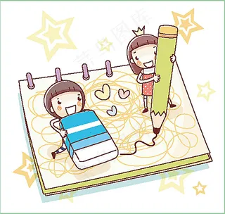 铅笔橡皮擦与卡通儿童