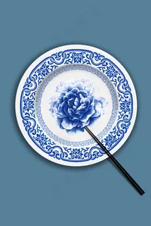 白瓷盘筷子青花瓷圆盘psd