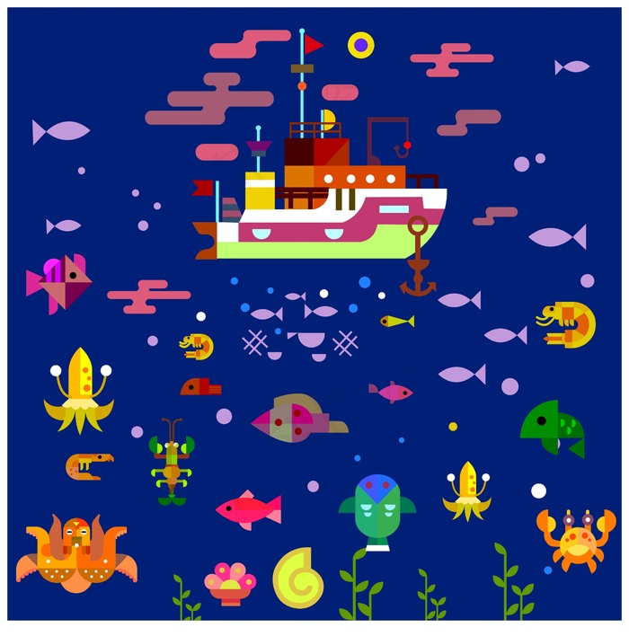 海底世界绘画与平面彩色设计ai矢量模版下载