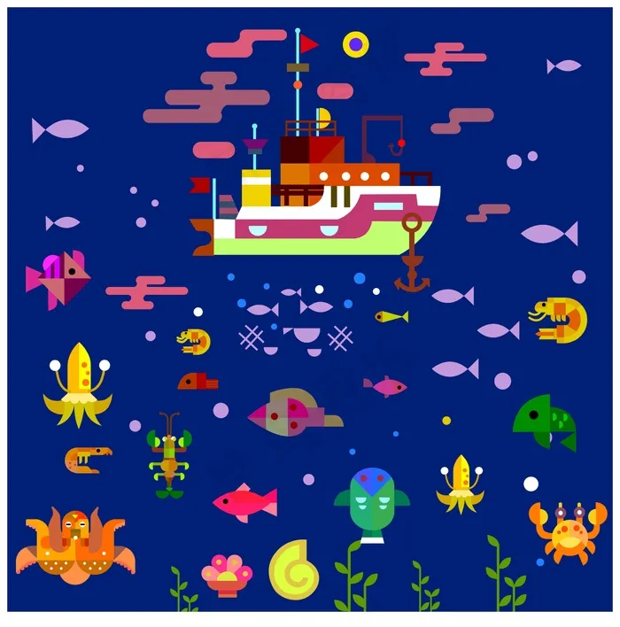 海底世界绘画与平面彩色设计ai矢量模版下载