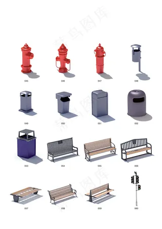 室外垃圾桶室外公用椅子公园椅模型