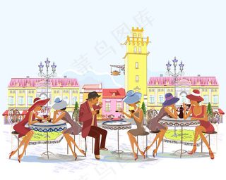露天咖啡馆插画矢量素材