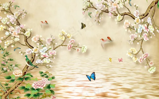 花鸟画3D背景墙图片