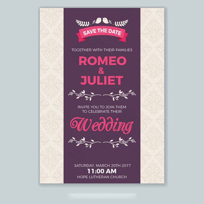 紫色背景白色花边婚礼邀请模板