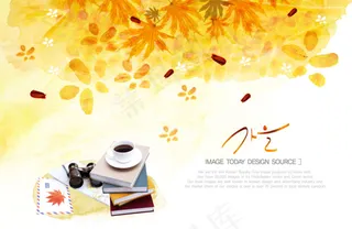 韩国秋天树叶咖啡背景PSD素材