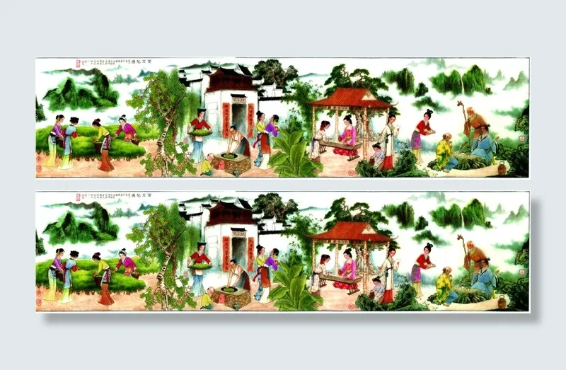 工笔古代采茶图psd模版下载