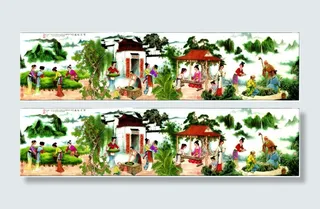 工笔古代采茶图