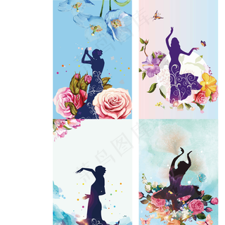唯美舞蹈美少女背影花朵背影矢量元素