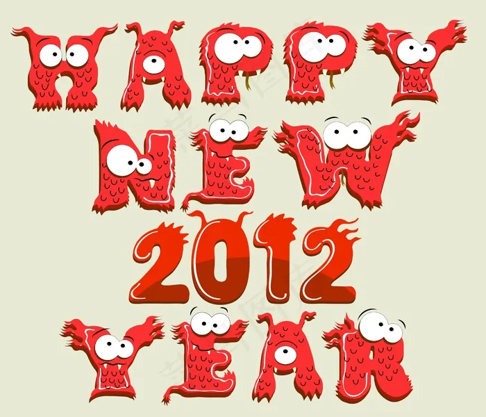 卡通2012新年快乐英文矢量素材