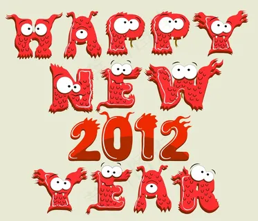 卡通2012新年快乐英文矢量素材