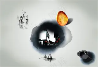 中国风红灯笼水墨小船石印