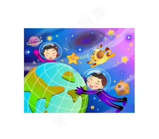 儿童登月球太空背景画插画