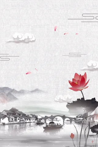 灰色水墨荷花古镇旅游海报背景