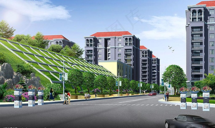 小区入口绿化效果图图片(3472X2274(DPI:100))psd模版下载